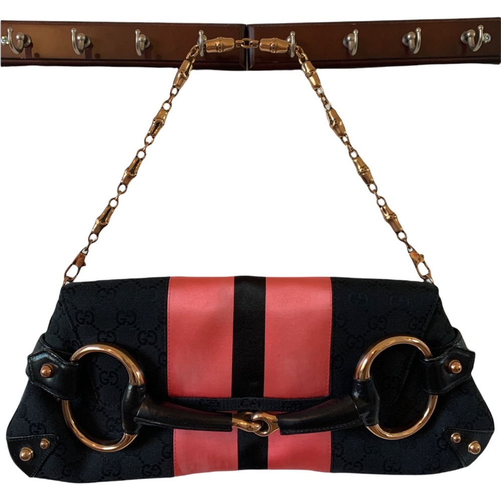 Authentic Gucci Black Monogram Canvas Horsebit Clutch Shoulder Bag Tom Ford Era
